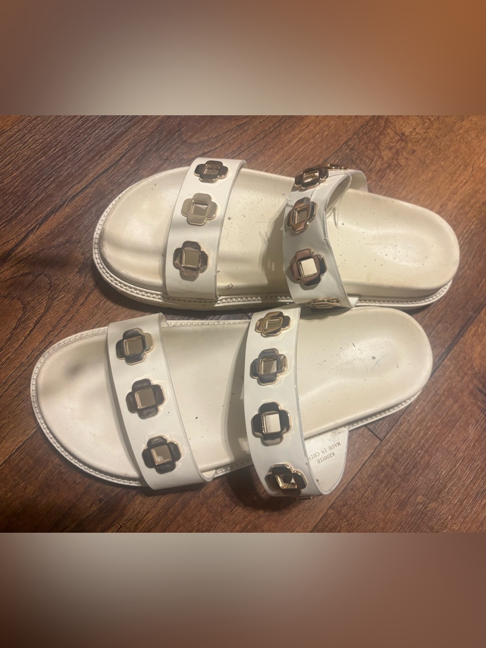 White Double Strap Slide Sandals with Gold Accents